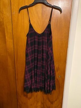 Express Plaid Slip Dress - Black & Purple Adjustable Straps with Lace Hem